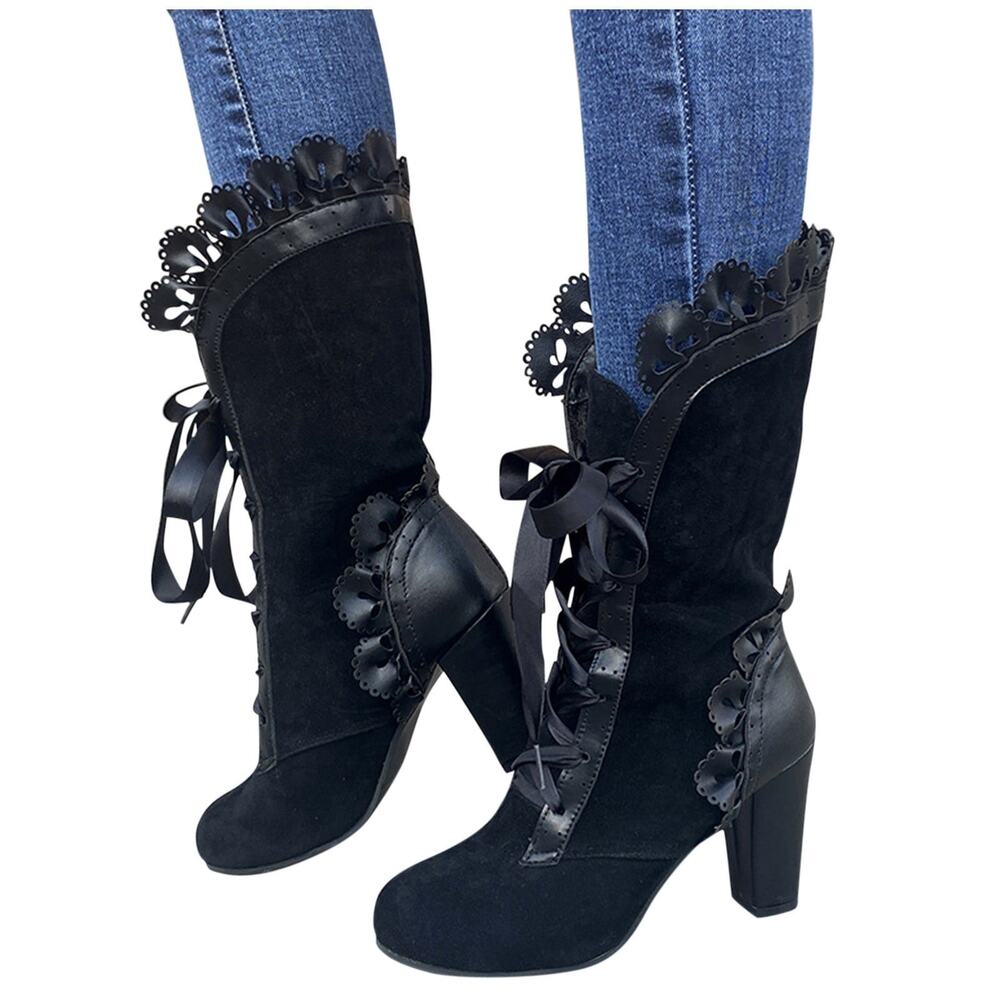 Victorian Gothic Lolita Mid-Calf Boots, Bridgerton, ruffled lace-up mesh bow 41